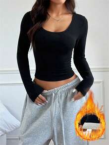 SHEIN EZwear 女式纯色圆领长袖修身休闲 T 恤，秋季 - 黑色 - 查看 1