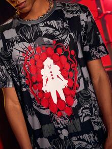 IT x SHEIN 恐怖电影人物图案圆领休闲短袖T恤 - 黑色 - 查看 5