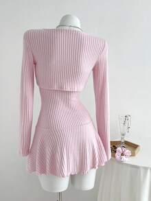 2pcs Women's Autumn/Winter Fashion Outerwear Soft Brushed Ribbed Fabric Long Sleeve Top And Ruched Waist Mini Dress Set, Suitable For Outing And Party Fall Cloth For Women - Pink - View 2