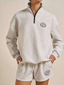 Airaco 女士休闲宽松长袖上衣和短裤两件套 - 淺灰色 - 查看 1