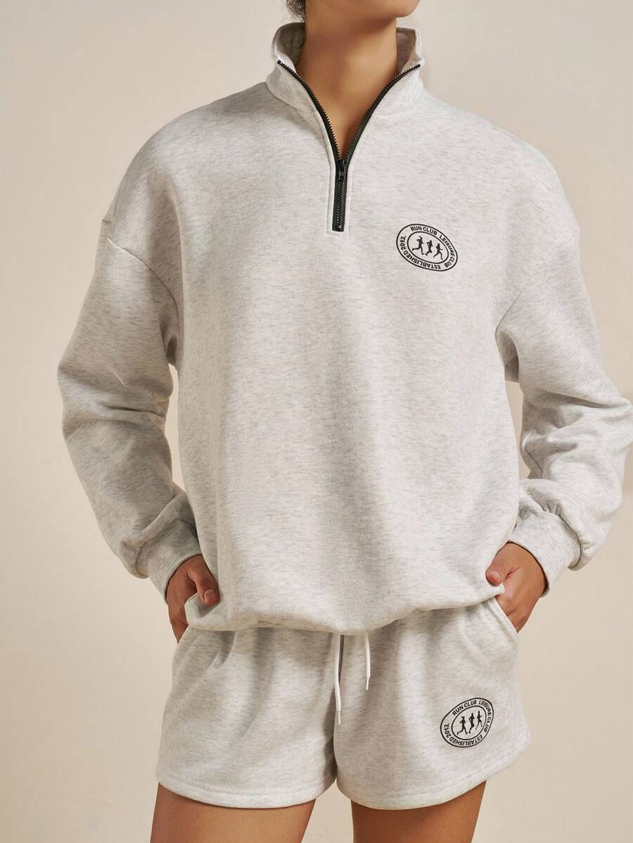 Airaco 女士休闲宽松长袖上衣和短裤两件套 - 淺灰色 - 查看 1