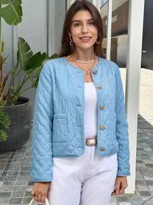 SHEIN LUNE Christmas Clothes Women 1pc Women Plain Front Button With Pockets Long Sleeve Padded Coat, Winter