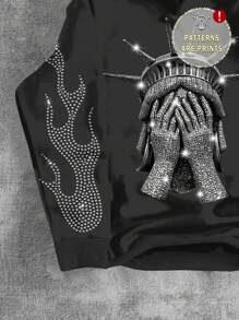 SHEIN Áo nỉ cho bé trai tuổi teen đính đá phong cách mùa thu đông, áo nỉ họa tiết, áo nỉ phong cách gothic cho bé trai, áo nỉ họa tiết đính đá, áo nỉ Of Liberty - màu đen - Xem 5