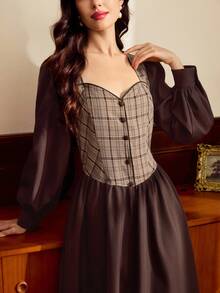 Vintamour Vintage Classic Elegant College Style Women's Dress, Fitted Plaid Patchwork Dress, Mixed Fabric Patchwork Dress, Coffee Brown Long Sleeve Dress, Flared Hem Dress, Autumn/Winter Autumn Clothes Winter Clothes For Women Brown Dress Plaid Dress - Coffee Brown - View 7