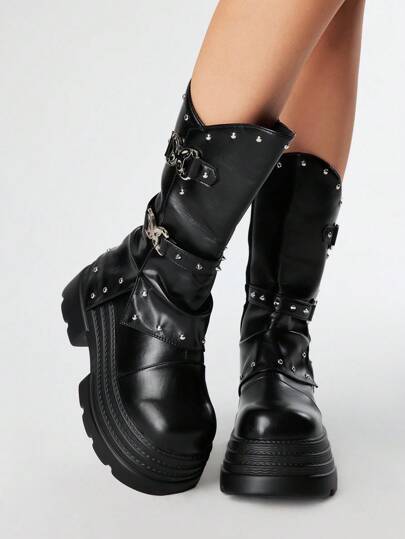 Grunge Punk Women's Goth Punk Rock Ankle Boots With Side Zipper, Rivet, Waterproof Platform, Chunky Heel Motorcycle Boots, Halloween