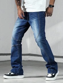 Manfinity Homme 男士牛仔紧身拼接蹄形裤 - 深色水洗藍 - 查看 3