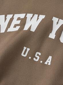 SHEIN 2pcs/Set Teen Girls Casual Letter Print Long Sleeve Crew Neck Sweatshirt And Sweatpants Set Teen 2 Piece Set Teen Girl Brown Set Teen Sweat Set New York Outfits Sweat Sets Tweens Comfy Fall Winter - Khaki - View 5