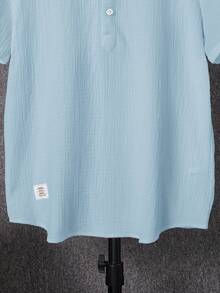 SHEIN Boys Blue Regular Sleeve Plain Polyester Shirt Button Front Stand Collar Regular Length Casual Top, Teen Boy - Blue - View 7