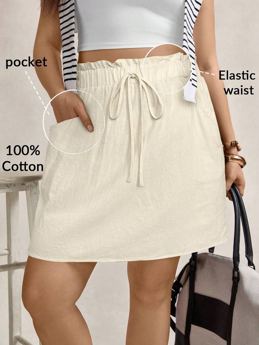 Zelara 加大码弹力腰荷叶边口袋裙 - 米色 - 查看 1