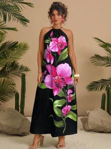 Travachic Plus Size Floral Print Halter Neck Casual Vacation Dress - Black - View 3