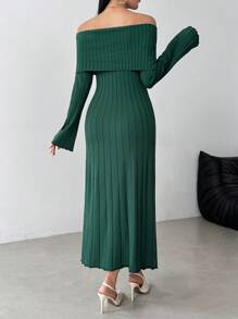 Modelyn 女士绿色露肩长袖优雅针织连衣裙，秋季 - 綠色 - 查看 8