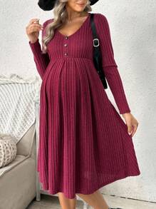 Cheriluna Maternity Maternity Solid Ribbed Collar Buttoned Front Midi Dress, Casual Round Neck Long Sleeve, Spring/Autumn - Burgundy - View 3