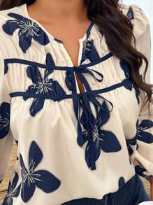 Weeklong Plus Size Elegant Floral Print Tie Front Shirt Fall Cloth For Women