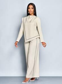 SOLERSUN 女士通勤垂坠领撞色黑色条纹亚麻不对称下摆衬衫和阔腿裤两件套 - 杏色 - 查看 6