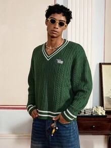 SWAVVY Men's Standard V-Neck Cable Knit Long Sleeve Sweater , Fall Winter - Dark Green - View 1
