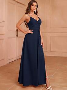 SHEIN Belle Women's Solid Color Elegant Front Pleated Slit Strap Bridesmaid Dress (Adult) - Navy Blue - View 6