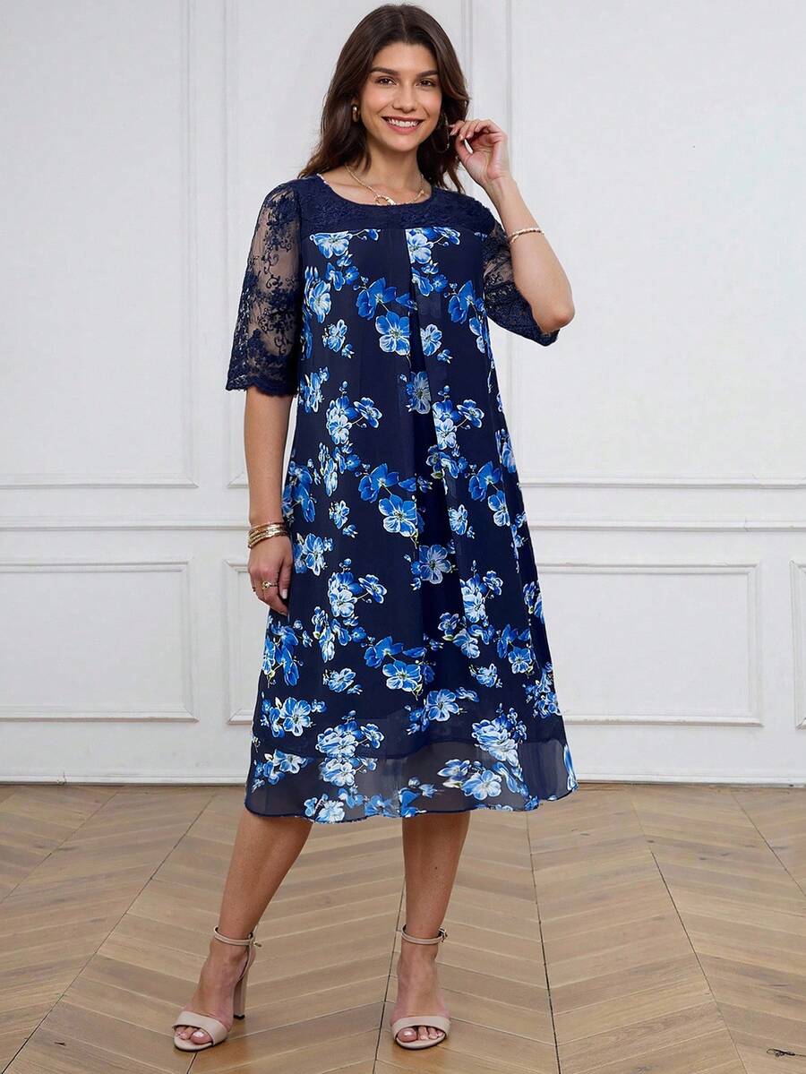 Miaspire Women Floral Print Lace Patchwork Elegant Long Dress Mothers Day Outfit Gift For Mom,Old Money Style Women - Blue - View 1