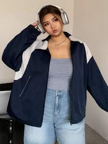 Dazy Plus Color Block Collar Zip Up Loose Fit Plus Size Women Sports Casual Jacket Fall/Winter