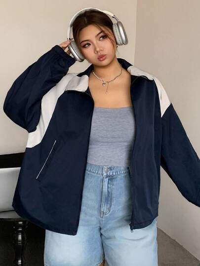 Dazy Plus Color Block Collar Zip Up Loose Fit Plus Size Women Sports Casual Jacket Fall/Winter