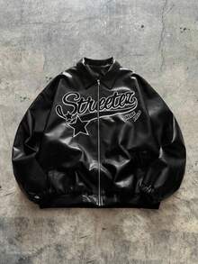 AXEPEAK Plus Size Men's Long Sleeve Casual Fashion Street Hooded PU Leather Jacket With Letter & Star Embroidery, Loose Fit Zip-Up, Autumn, For Fall Winter