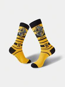 HARRY POTTER X SHEIN 1 Pair Women's Comfortable Contrast Color School Badge Pattern Calf Socks - Yellow - View 4