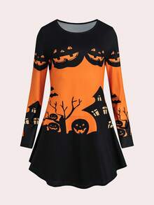 SHEIN LUNE 万圣节南瓜印花长袖上衣和紧身裤套装，女装 - 黑色 - 查看 3