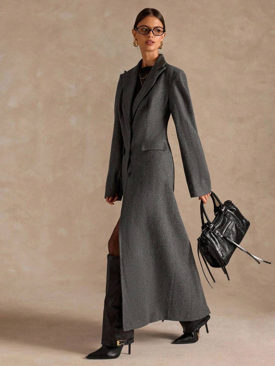 SHEIN BAE 秋冬高级纯色收腰长款大衣 - 深灰色 - 查看 1