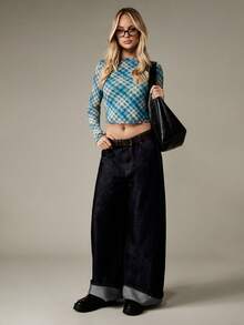 MISSGUIDED 斜格子印花长袖网眼上衣生菜边下摆 Y2K 时尚冬秋休闲弹力分层短款上衣基本款修身女式上衣 - 彩色 - 查看 5