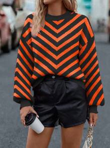 SHEIN LUNE 女式条纹落肩长袖灯笼袖宽松套头衫 - 黑色 - 查看 6