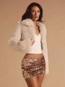 Glamine 时尚仿毛领短款夹克，秋冬 - 杏色 - 查看 7