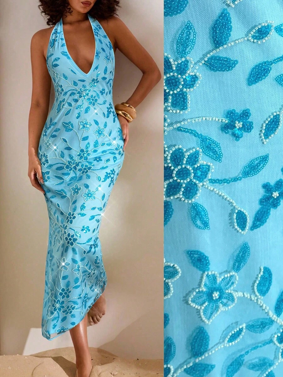 Opulessa Váy hở lưng đính hạt màu trơn dành cho nữ - Màu xanh lam - Xem 1