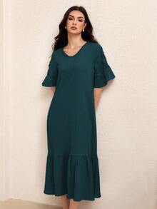 Lacomfia 2025年夏季新款女士V领褶皱A字连衣裙 - 水鴨藍 - 查看 7