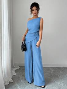 Elenzga Summer New Korean 2 Pieces Set For Women, Suitable For Travel And Photography, Featuring Gorgeous Deep Sea Blue Asymmetric Shoulder Top And High-Waisted Casual Pants