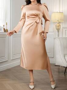 Ellevyn Plus Size Women's Satin Long Sleeve Waist Cinched Dress, Champagne Color, Suitable For Autumn And Winter Dresses For Women Dresses For Women Elegant Fall Dresses For Women Elegant Dresses For Women Maxi Dresses For Women Plus Size Dresses Long Sleeve Dress Fall Dresses Dresses For Women Party Halloween Costumes Halloween Clothes Plus Size Women Clothes Festival Outfits For Women Winter Clothes Women's Fall Clothes Going Out Outfits Festival Outfit Autumn Clothes - Champagne - View 5