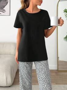 EURMUSE Women Cotton 2 Pcs Short Sleeve Shirt And Leopard Pattern Bottom Homewear Lounge Set - Black - View 4