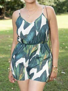 Melissa Matos Mono deslizante con estampado tropical para mujer, ideal para vacaciones y primavera - Verde - Ver 3