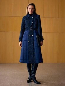 MOTF PREMIUM 系腰带双排扣夹棉大衣 - 寶藍色 - 查看 6