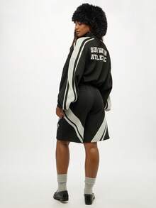 SUMWON WOMEN 冬季运动休闲全拉链运动夹克赛车条纹休闲街头风格复古字母印花长袖运动现代日常外套 - 黑色 - 查看 4