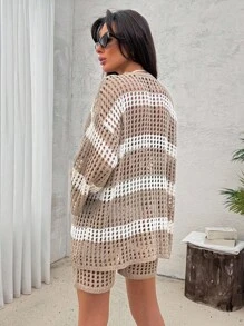 EURMUSE Plus Cover Up With Stribes With Beige Cardigan And Short Women Summer Clothing Women S Clothes Women S Summer Shirts Women Plus Clothing Business Casual Women Plus Clothing Formal - Beige - View 2