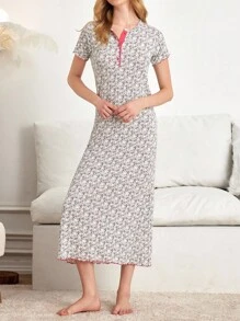 EURMUSE Vestido de pijama de manga larga con patrón floral, cuello redondo, botones y mangas cortas de algodón para mujer - Blanco - Ver 3