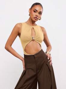 Hauture 女士性感优雅长袖黑色连体衣，正面镂空，金色装饰 - 卡其色 - 查看 3