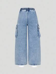 Tween Mädchen Jeans im Y2K-Stil, neue Version, hellblauer Denim-Farbton, Kordelzug Gummibund, Cargo-Taschen, weite Passform, modischer lässiger Schulstil, Tween Mädchen Jeans - Helle Waschung - Übersicht 2