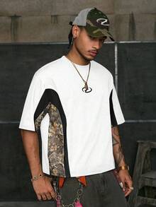 AXEPEAK Áo thun nam cổ tròn tay ngắn họa tiết chắp vá màu tương phản - trắng - Xem 5