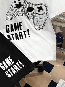 SHEIN 2pcs/Set Teen Boys' Casual Video Game Graphic Print T-Shirt And Shorts Set, Summer, Cotton Blend - Black and White - View 4
