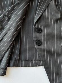 Elamini 2pcs Women's Striped Suit Set With Collared Blazer Jacket And Pleated Dress, Black, Suitable For Commuting, School Style, Back To School Season - Dark Grey - View 9