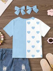 SHEIN Blanco crema y azul fresco, gráfico de animal lindo con lazo en forma de corazón, inspirado en Animal Crossing, estilo kawaii, camiseta de manga corta y cuello redondo minimalista casual para niña joven, adecuada para el verano, con vibra de ropa urbana, estilo deportivo casual de campus, picnic al aire libre, salidas, fotografía callejera, hogar, campus - Multicolor - Ver 3