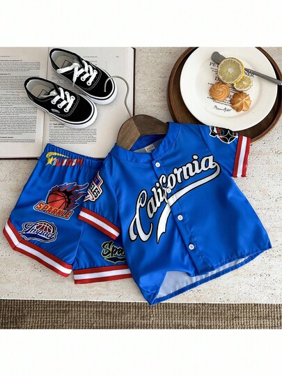 SHEIN 2pcs Baby/Toddler Letter Print Contrast Color Round Neck Short Sleeve Cardigan Top And Shorts Set, Casual Sports Outfit, Soft And Breathable, Suitable For Outdoor Activities