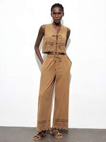 Maija Women's Fashion Casual Solid Color Hollow Out Twist Vest Tan Two Pieces Set Women Brown Two Pieces Set Women Suede Two Pieces Set Women Two Pieces Pants Set Two Pieces Set Modern Vacation Nomadic Casual Fashion All-Match Women's Country Concert Clothing Western Style Women's Clothing Nomadic Style Bohemian High-End Elegance All-Match Country Concert Clothing Exotic Atmosphere, Country Concert, Western Style Clothing, High-Grade Fabric, Comfortable And Breathable