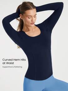 GLOWMODE Merino Wool Envelope Collar Long-Sleeve Tee - Navy Blue - View 7