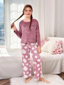 SHEIN 2 件套 Tween Girl 卡通刺绣圆领长袖上衣和云朵图案柔软法兰绒睡裤套装，秋冬季舒适家居服 - 藕粉色 - 查看 2